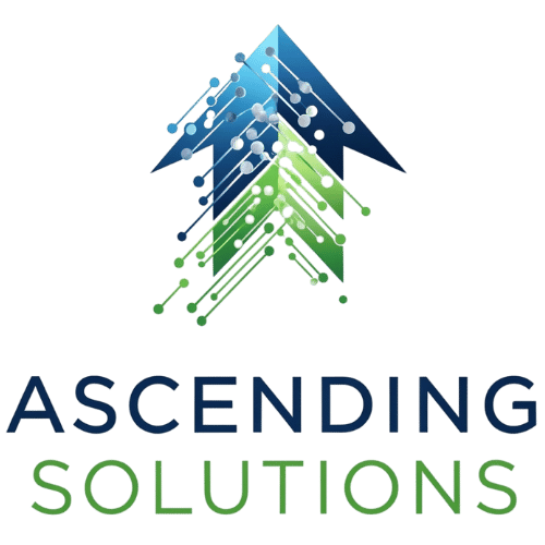 Blue & green tech arrow with ascending solutions text LOGO